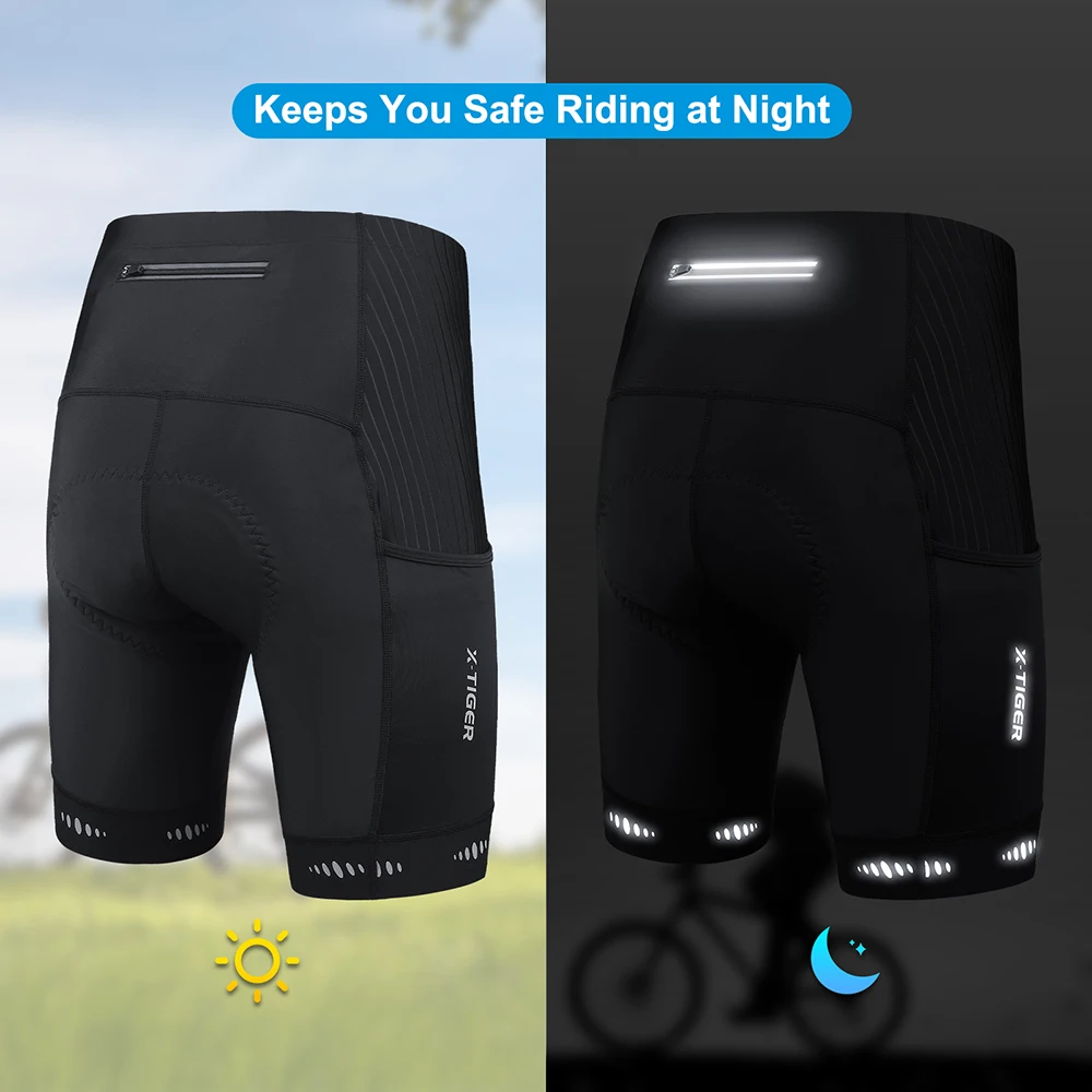 X-TIGER Cycling Shorts Summer Breathable Tights 5D GEL Padded Shockproof Bike Shorts with Pockets MTB Bicycle Reflective Shorts