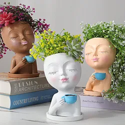 Head Planter Pot Face Flower Pot With Drainage Hole Handmade Unique Creative Multicolor Resin Girl Face Flowerpot