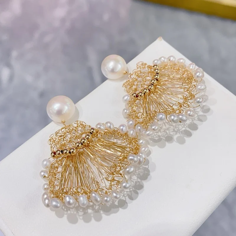 

SGARIT ручной работы, 14-каратное золото, дизайн в виде ракушек, серьги для женщин, ожерелье из натурального пресноводного жемчуга, комплект свадебных украшений