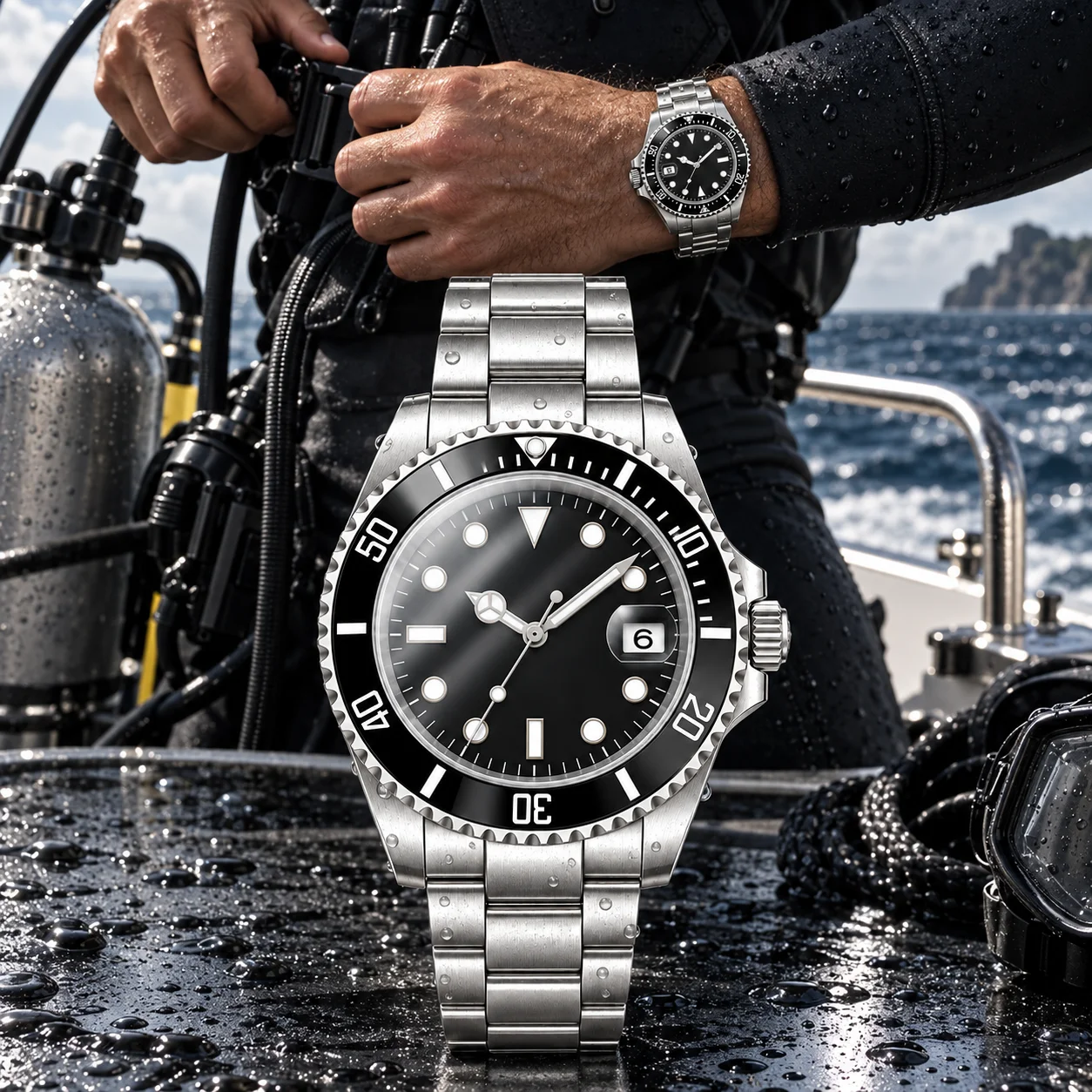 Men's 40mm Automatic Mechanical Watch Black Dial Date Rotating Bezel Stainless Steel Bracelet Diving Sport Wristwatch Customized