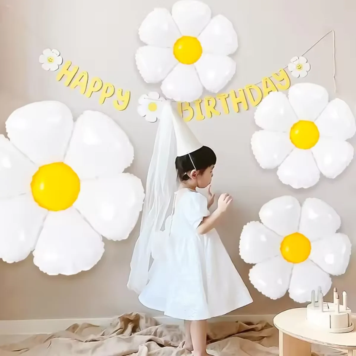 1/10 Stück Gänseblümchen-Ballon, riesige weiße Blumen-Aluminiumfolienballons für Geburtstag, Hochzeit, Gänseblümchen-Party-Dekorationen und Zubehör – Detail 6