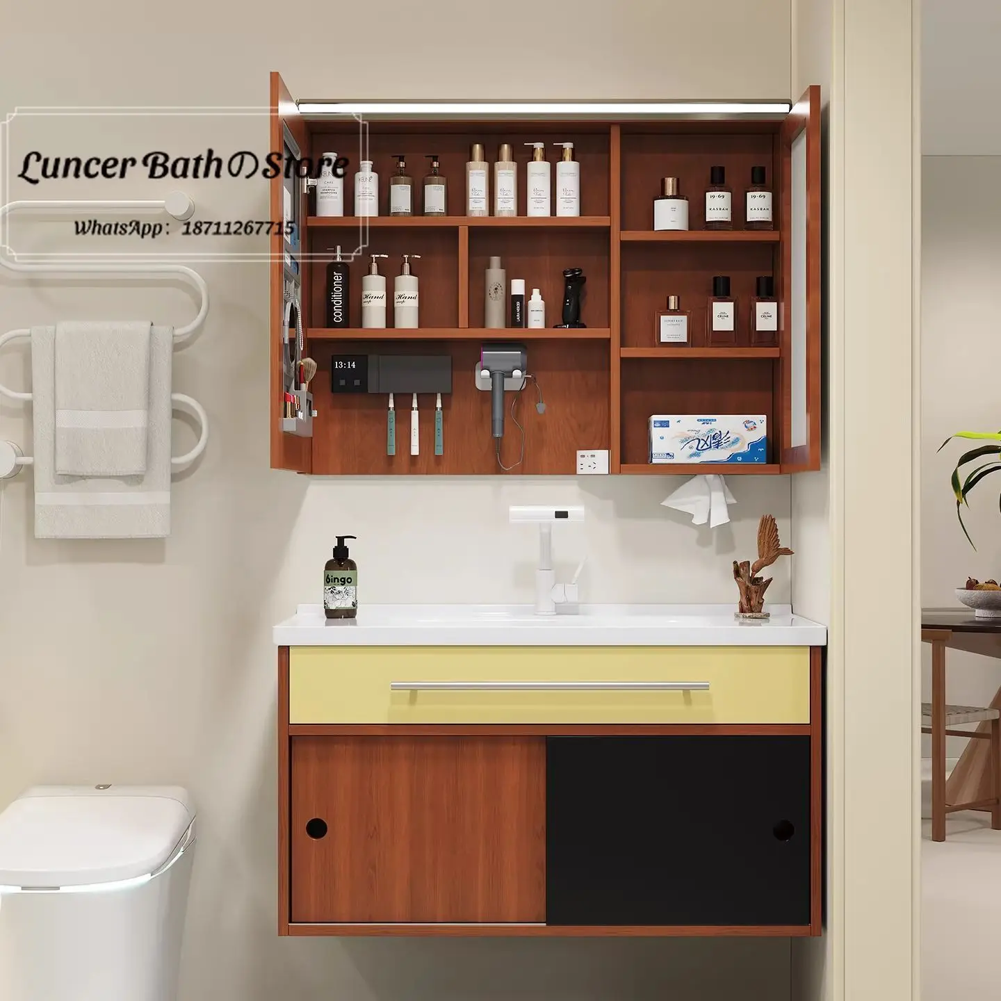 Mid-Century Teak and Black Bathroom Vanity Set, Ceramic Integrated Basin Sink Combo for Toilet Washstand