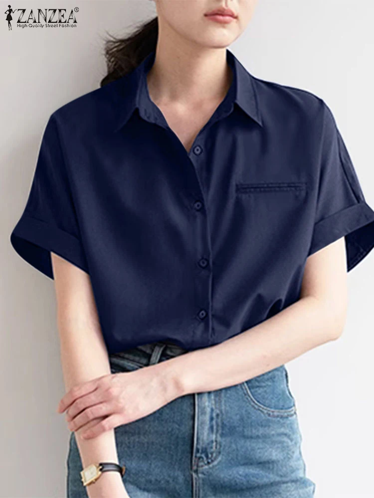 2024 ZANZEA Stylish Summer Lapel Neck Short Sleeve Shirt Women Elegant Blouse Fashion Casual Loose Work Tops Buttons Down Blusas