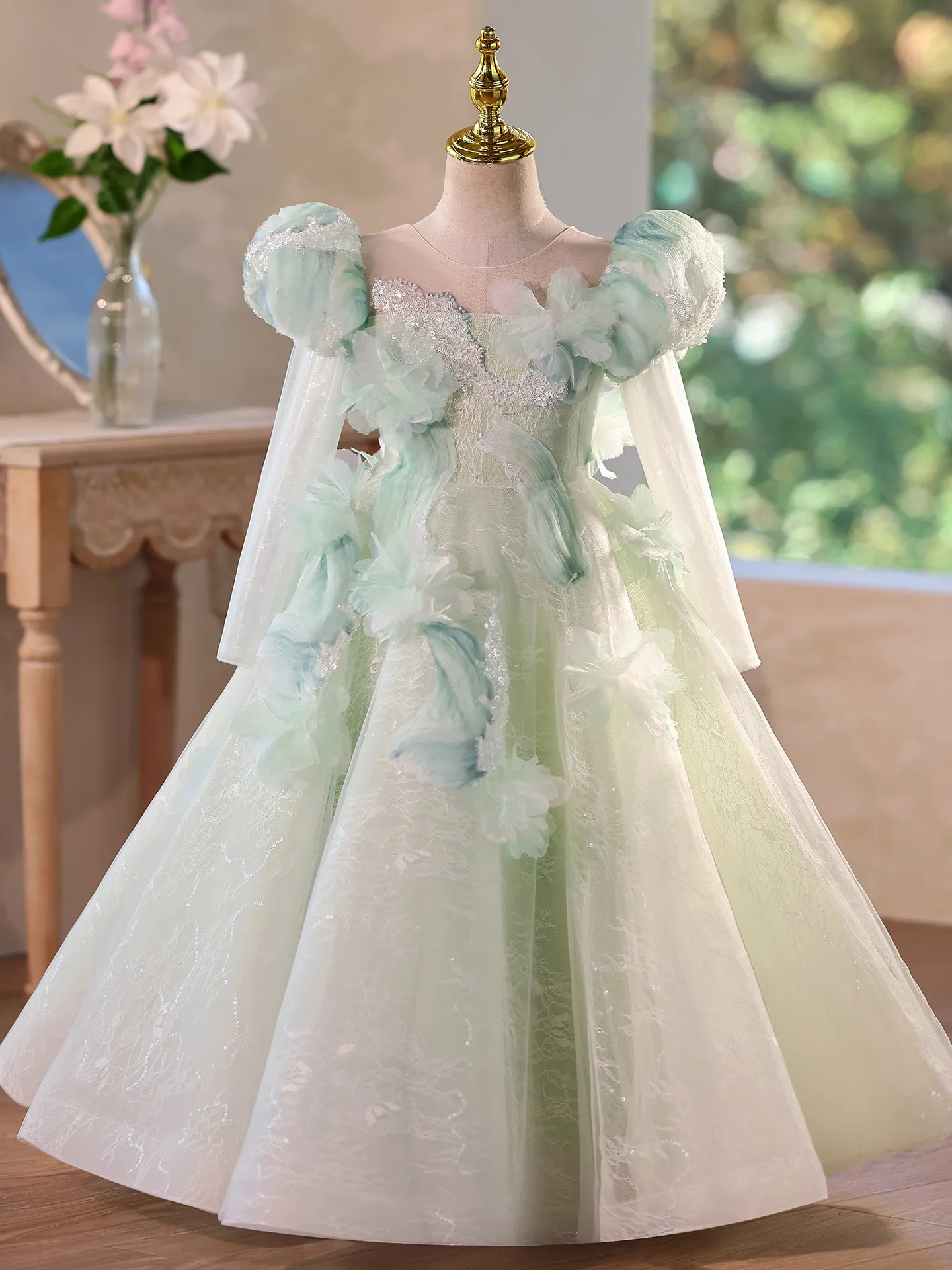 Kids Girls Long Sleeve Princess Party Dress Host Piano Performance Pageant Formal Evening Gowns Children Birthday Celebration