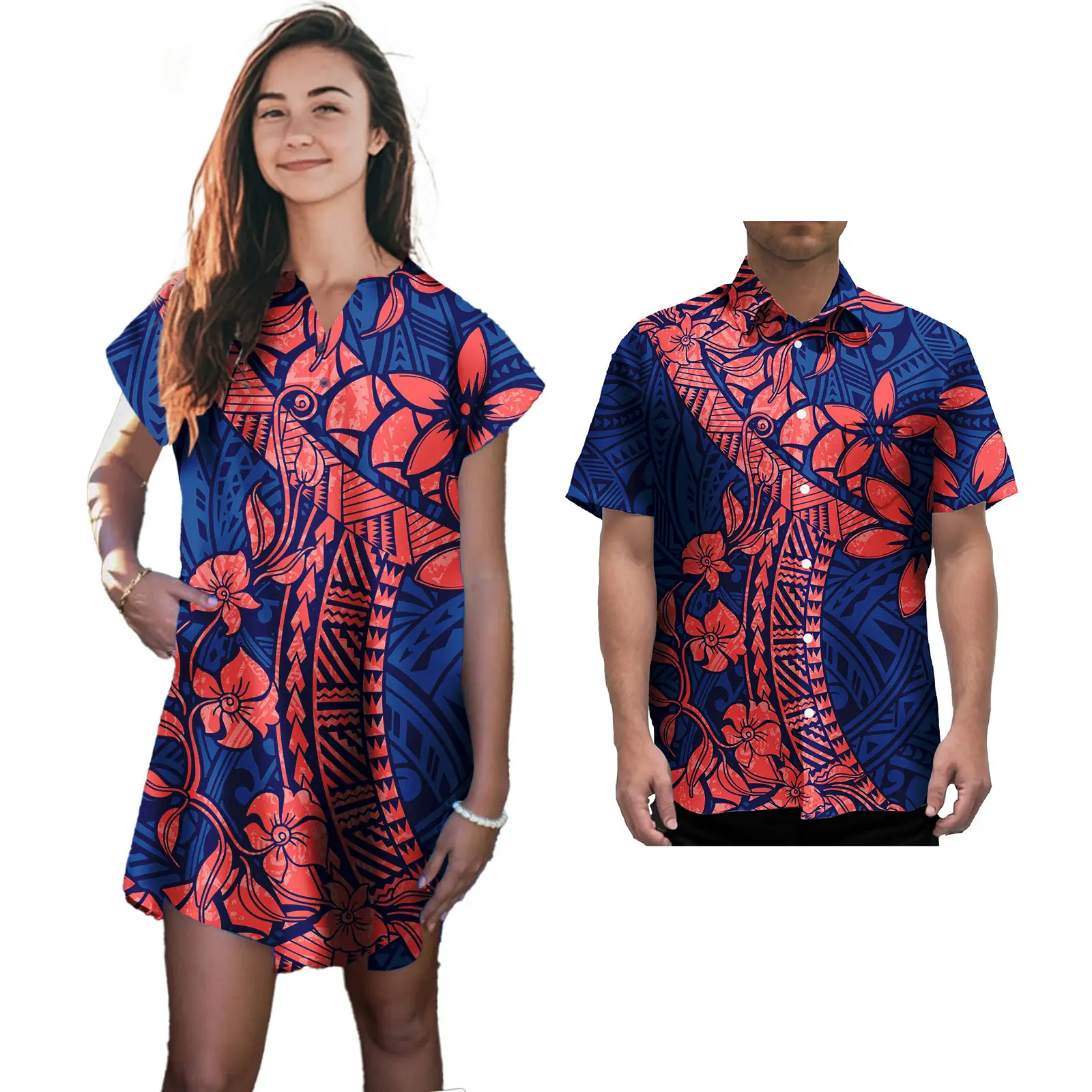 Couple Set Samoan Outfit Women Evening Dress Men Hawaii Beach Shirt Couple 2 Piece Set Custom Polynesian Tapa Clothing