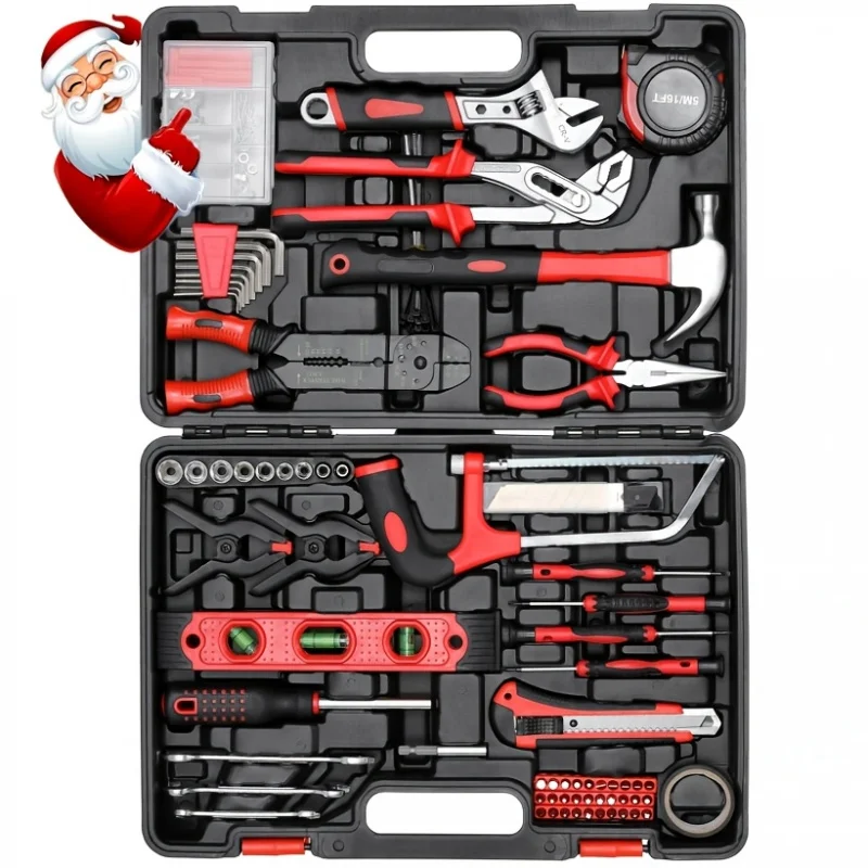 218pcs Home Tool Kit in Festive Red & Black - Includes Hammer, Saw, Screwdrivers, Wrenches More with Durable Plastic/Metal Case