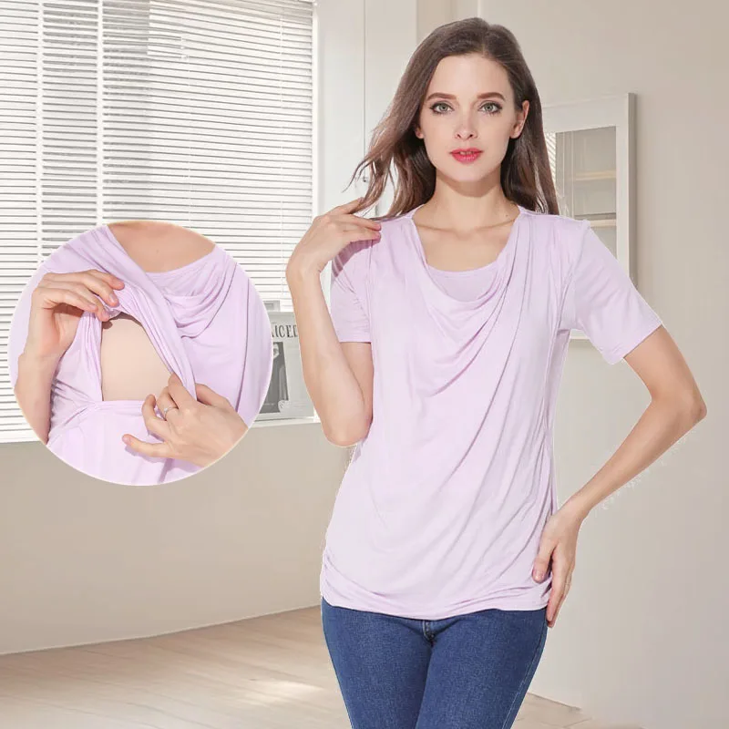 

Maternity Clothes Pregnant Womens Clothes Casual Breastfeeding T-shirts Short Sleeve Nursing Tops Solid Color Lactation Tops
