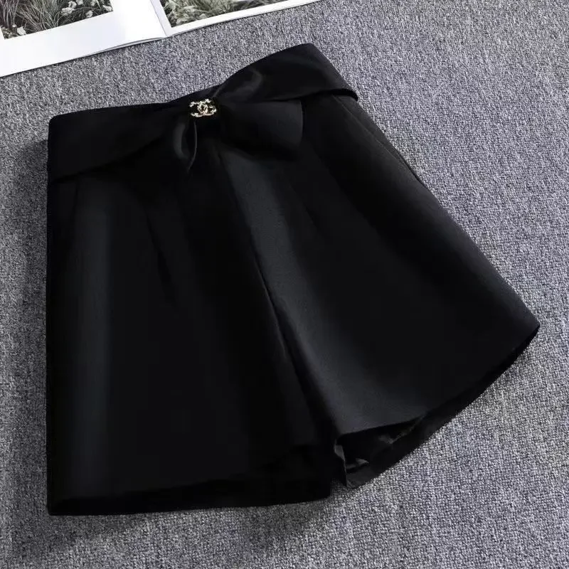 Women Loose Temperament High Waist Pockets Thin Style A-line Shorts Spring Summer New Solid Color Zipper Bow Straight Trousers