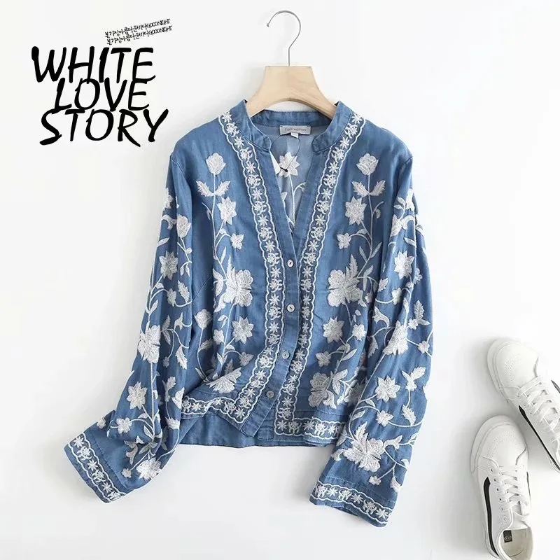 3/4 Sleeve Denim Shirt Women\'s Spring Summer Soft Jeans V Necks Floral Embroidery Blouses Thin Coat Tops New 2023 T35432M