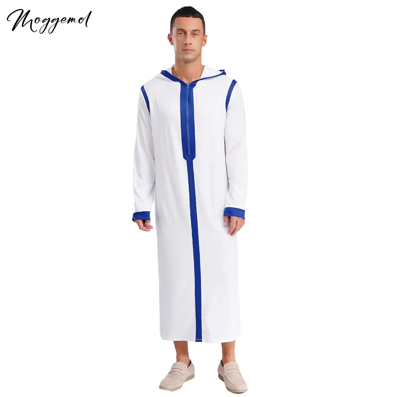 

Mens Long Sleeve Islamic Muslim Loose Fit Hoodie Front Zip Caftan Saudi Arabia Juba Robe Kafatan Middle East Robe Hooded Shirt