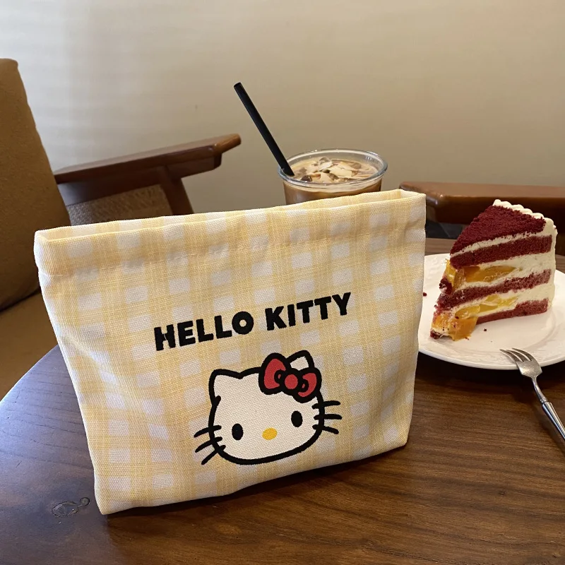 귀여운 산리오 헬로키티 체크무늬 화장품 가방 - 소녀들을 위한 귀여운 빨간색 & 파란색 화장품 파우치, 고급 휴대용 여행용 정리함 캔버스 가방