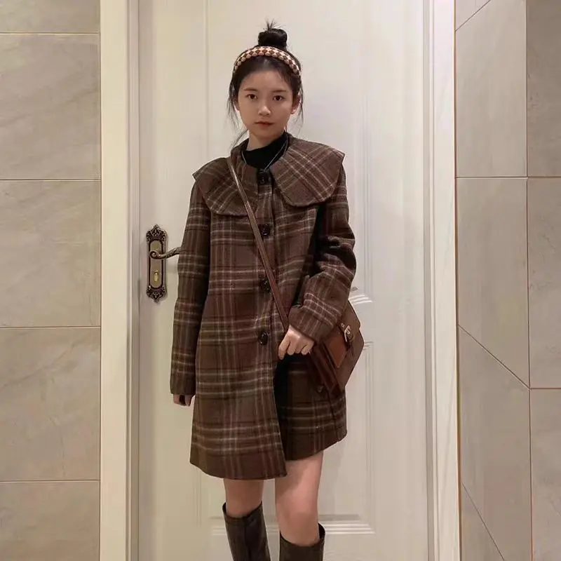 Meilad Sweet And Cute Checkered Medium Length Coat For Women Autumn And Winter, Double Sided Wool Collar Coat