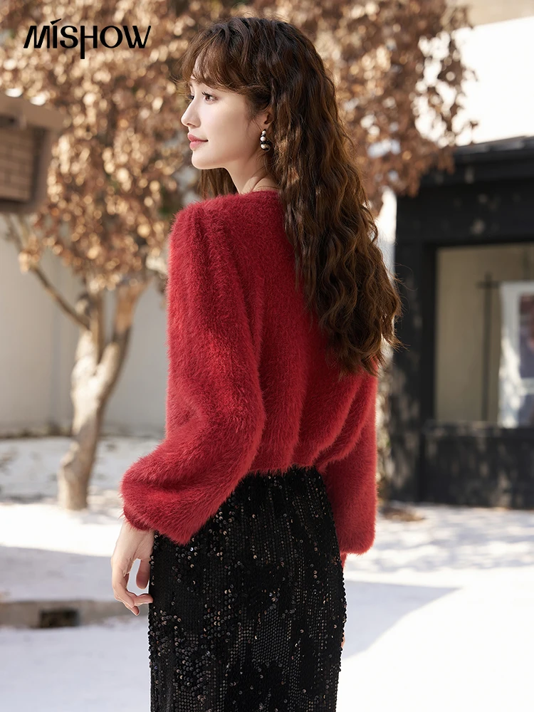 MISHOW Red Sweater Cardigan Women Winter Loose Knitted Jacket Jumpers Office Lady Crop Lazy Style Imitation Mink Top MXC58Z0294