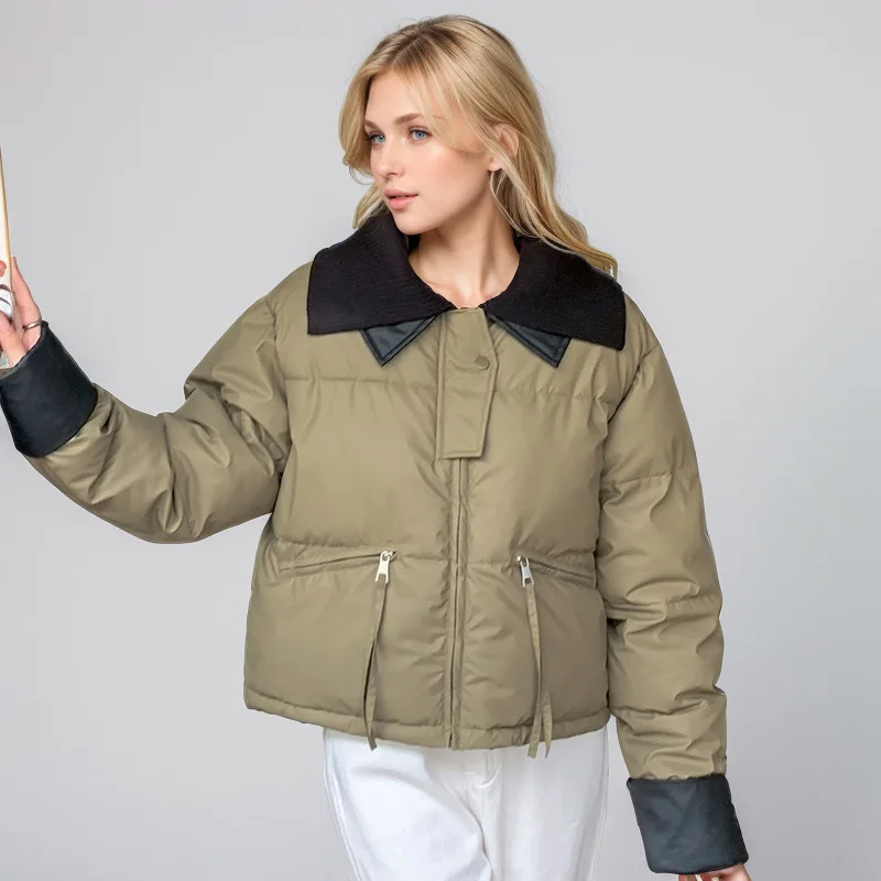 Veste matelassée d'hiver pour femme, couleur bloquée, fermeture éclair, tricot, col rabattu, manteau rembourré pour femme, veste de Style coréen