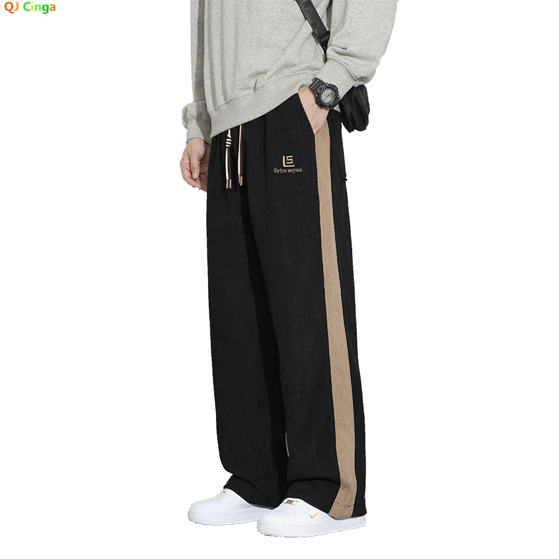 

Autumn New Black Men's Drawstring Trousers, Fashion Casual Pants, Dark Gray, Apricot Color Splicing Pant, Asian Size M-5XL