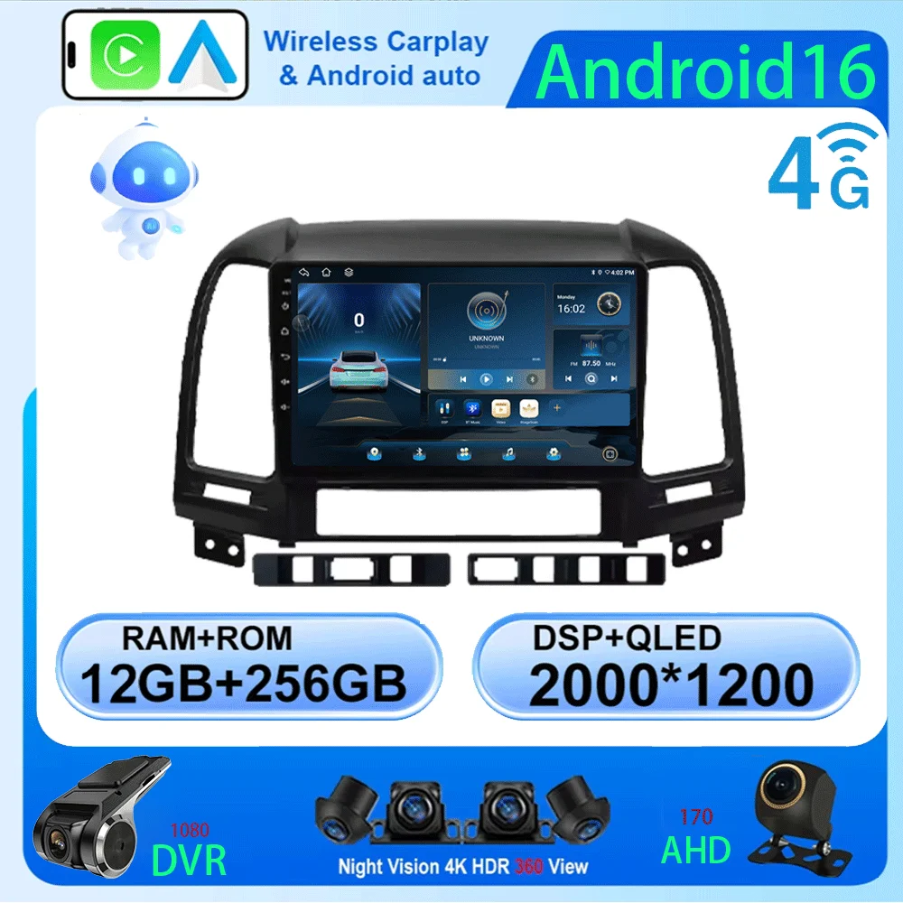 

Android 16 Car Radio For Hyundai Santa Fe 2 2006-2012 Carplay 4G WIFI Multimedia Player GPS Navigation 2 Din Autoradio Stereo