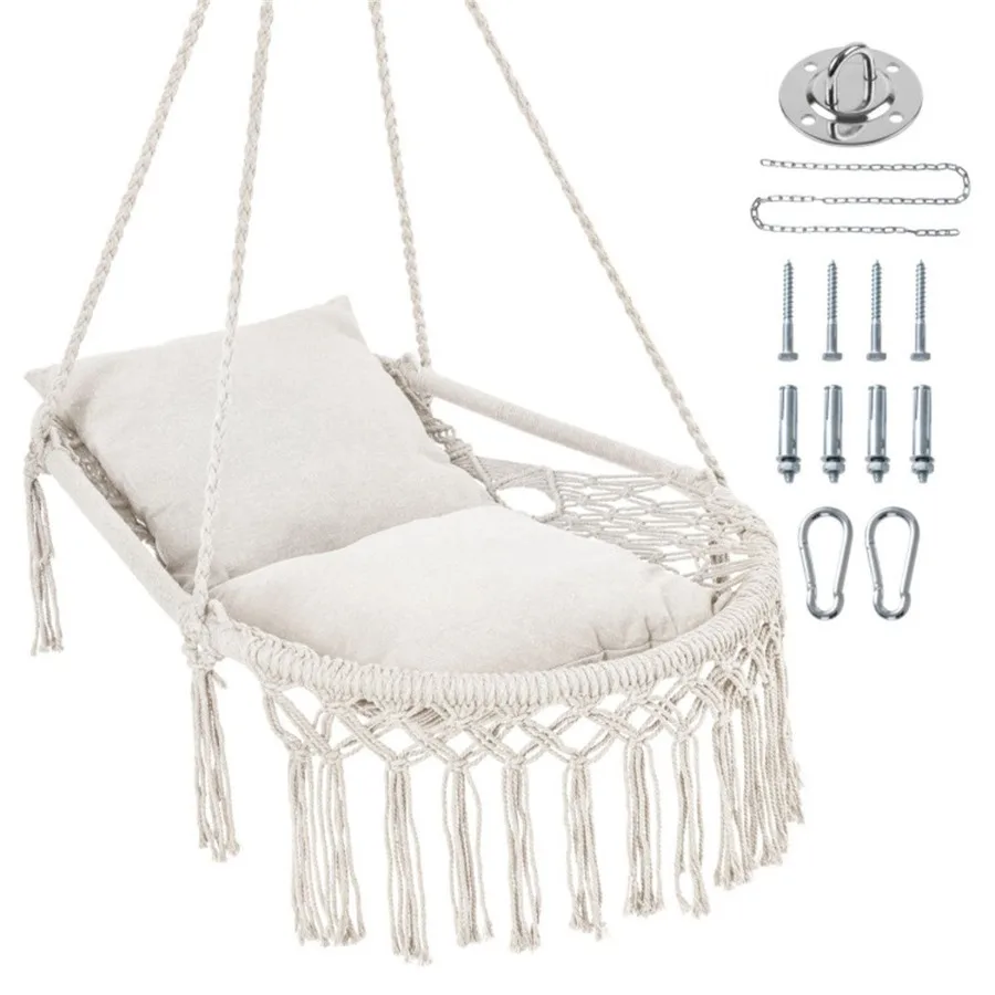 

Indoor Outdoor Boho Macrame Hanging Swing Chair in Beige with 2 Padded Cushions, 330LBS Capacity for Bedroom Patio Balcony