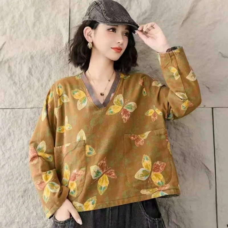 

Хлопково-льняная блузка с цветочным принтом в стиле ретро, женская новинка 2023 года, весенняя свободная двусторонняя рубашка с карманами и принтом, повседневная рубашка с длинным рукавом