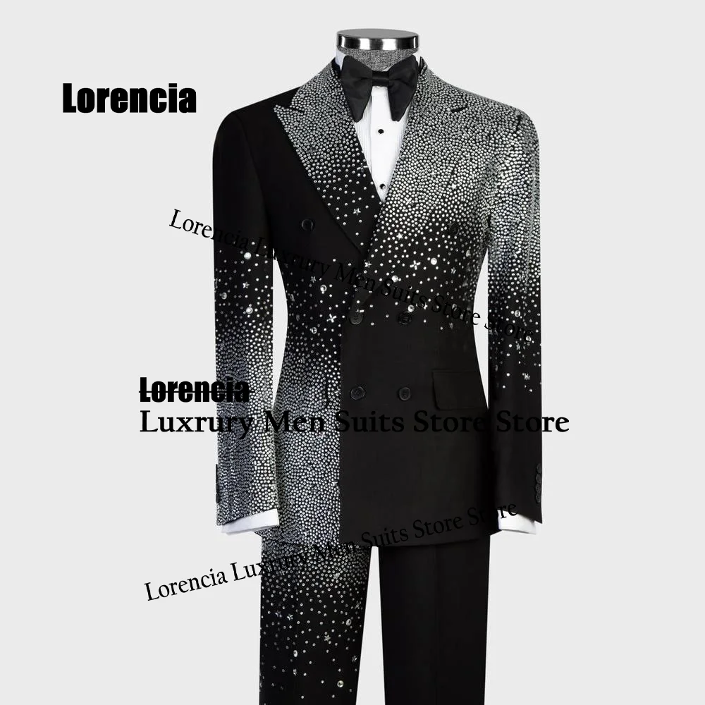Customized Double Breasted Men Suit Fashion Crystal Paillettes Wedding Tuxedos Slim Luxury hombre 2 Pieces Set Groom Male Blazer