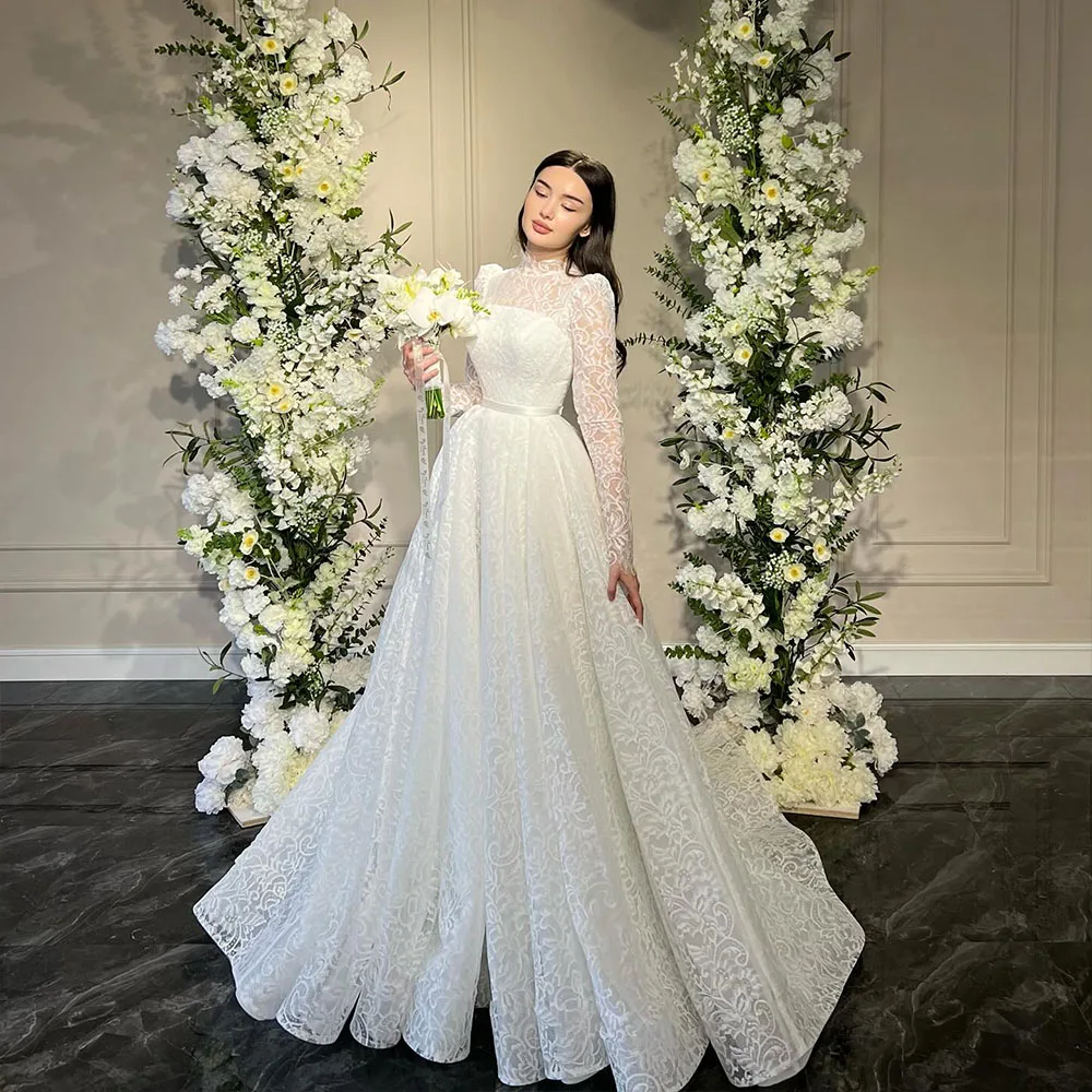 

Modest Wedding Dresses High Neck Long Sleeve A Line Princess Bride Dress Lace Church Bridal Ball Gown Customized robe de mariée