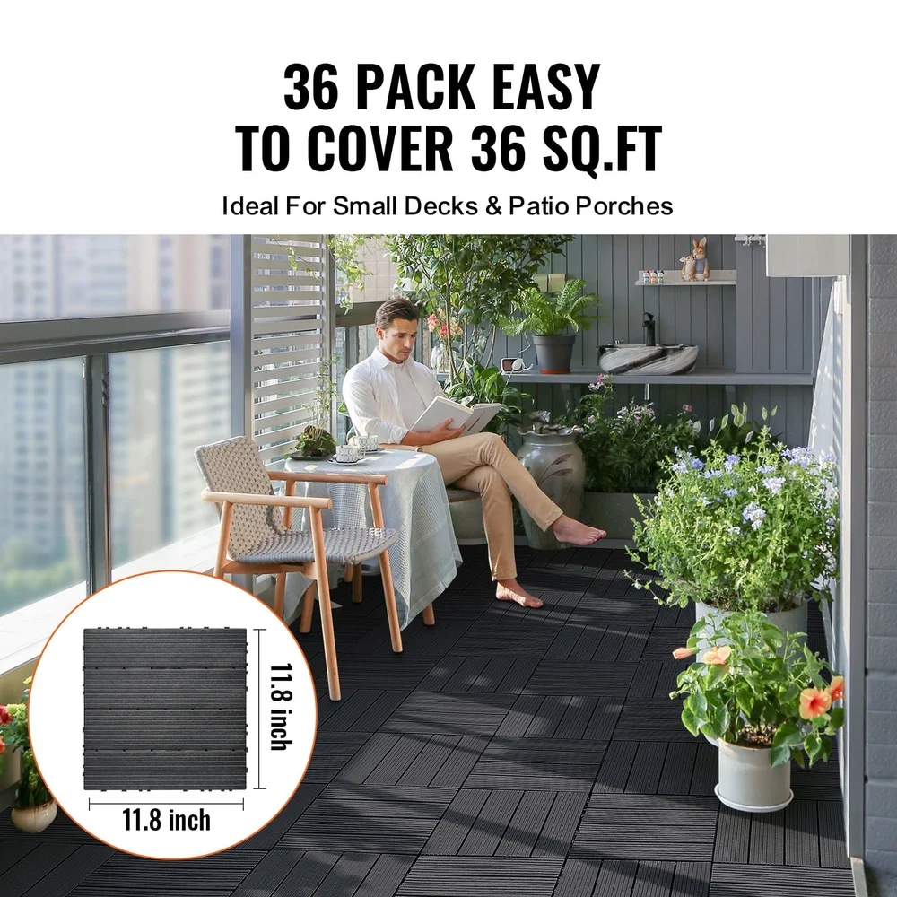 연결식 데크 타일 36개 세트 12x12 야외 바닥재 방수 미끄럼 방지 내구성 쉬운 설치 다용도 사용