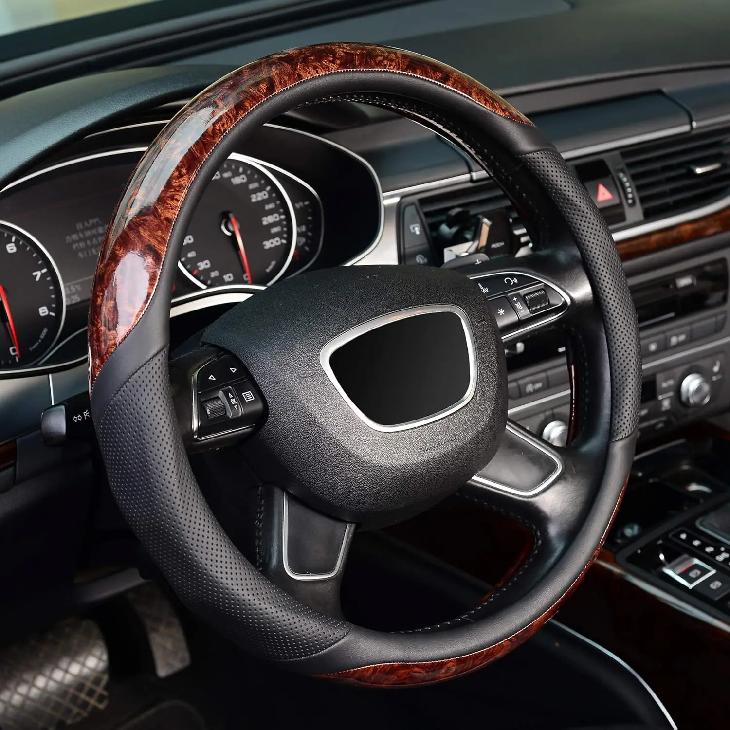 

Universal 15 Inch Wood Grain Steering Wheel Cover, Anti-Slip Microfiber Leather, Odorless for Cars