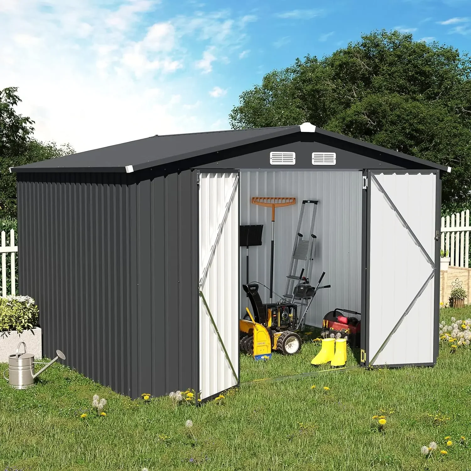 10 x 8 FT Outdoor Storage Shed, Metal Garden Tool Shed, Outside Sheds & Outdoor Storage Galvanized Steel w/Lockable Door, Black