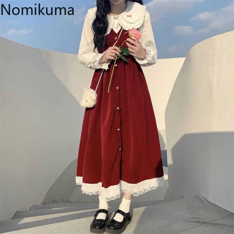 Nomikuma قطعتين مجموعة للنساء الربيع دمية طوق Kawaii قميص أكمام الدانتيل خليط فضفاض Preppy Vestidos فستان مجموعات