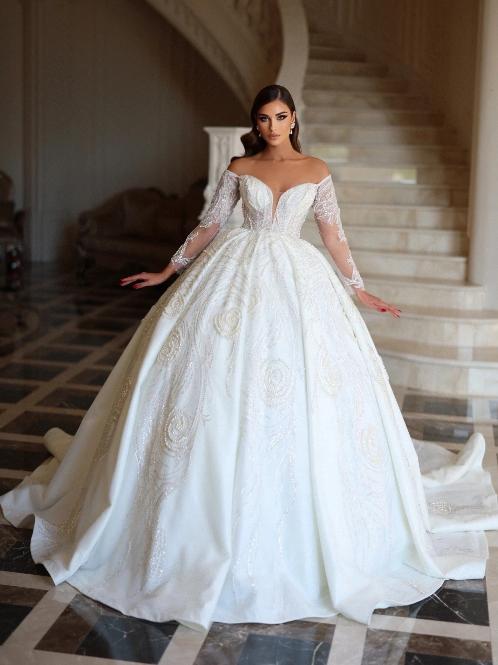 

Exquisite Off Shoulder Wedding Dresses Pearls Sequined Backless Princess Bridal Gowns Custom Made Vestidos De Novia فساتين زفاف