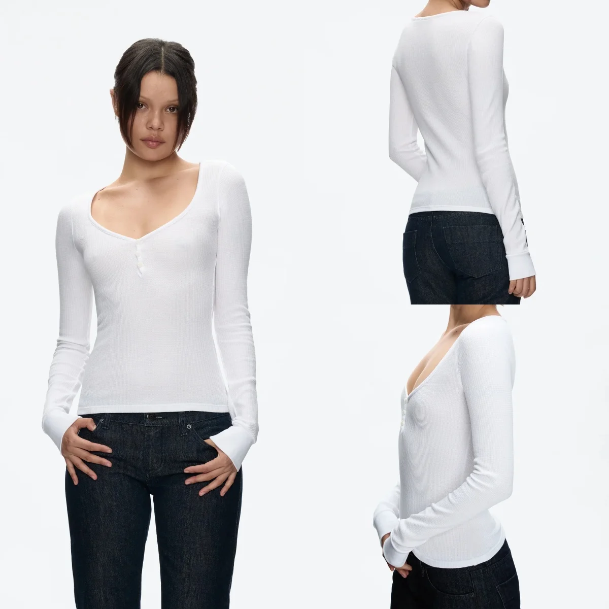 

Tank Autumn and Winter Warm Long-Sleeved Top, Women's Slim-Fit American Retro Hot Girl Style Base Shirt, Deep V Button Base Shirt, Skin-Fitting and Figure-Flattering Sexy Top