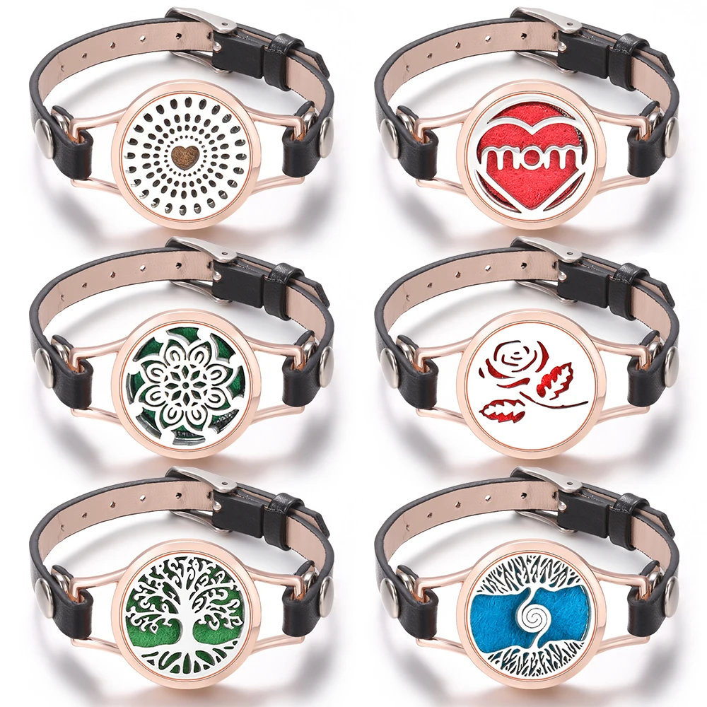 

New Leather Essential Oil Diffuser Women Rose Gold Wristband Perfume Lockets Bracelet Tree of Life Aromatherapy Bangle Jewelry