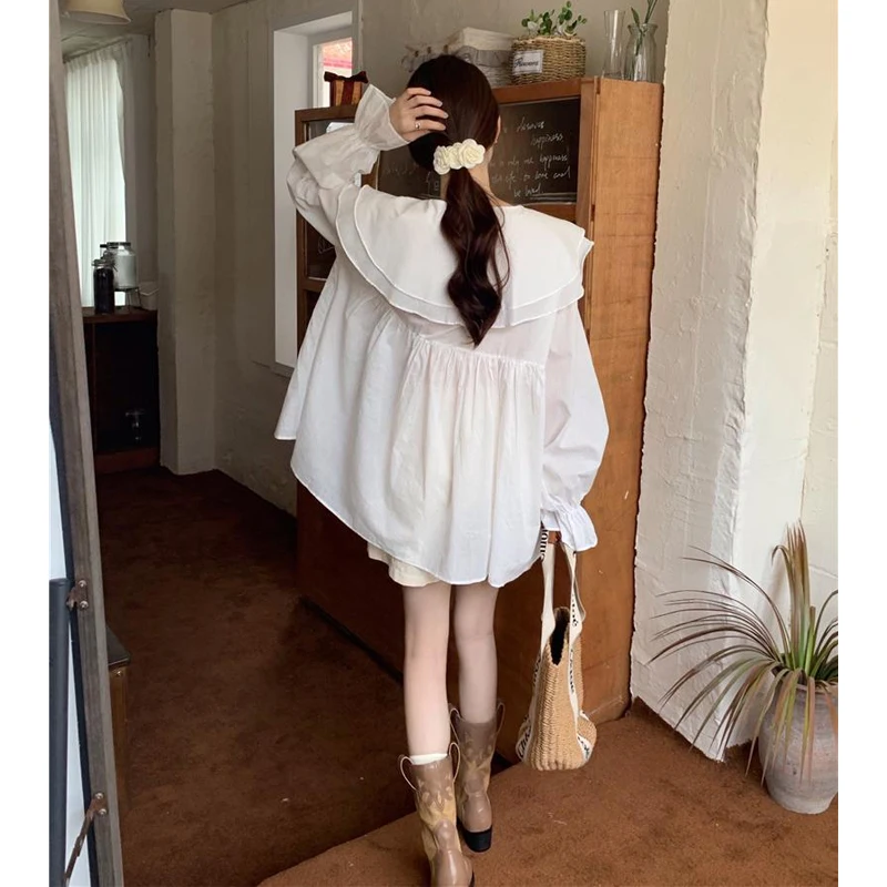 Spring Summer New White Lacing Shirt Tops Long Sleeve Pleated Patchwork Loose Plus Size Blouse Fashion Sweet Women Clothing