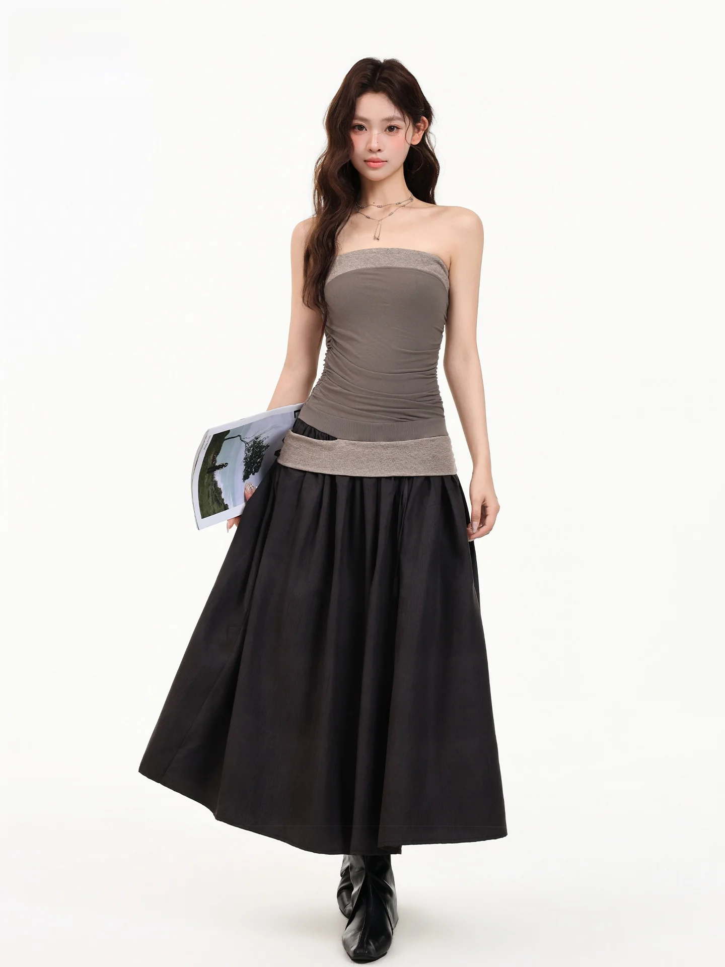 

Low Saturation Summer New Style Women's Dress Gored Bustle Tube Top High Waist Slim Long Skirt Splice Gored Tube Top Dress