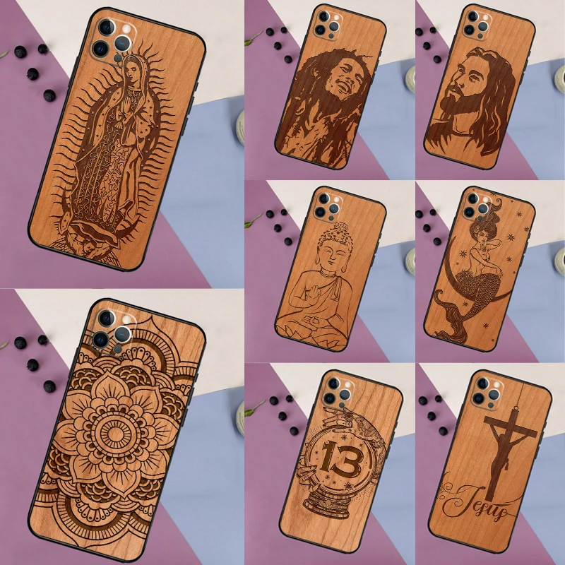 Buddha Jesus Guadalupe Wood Case For iPhone 16 15 14 13 12 11 Pro Max Plus XR X XS Max Soft Bumper Cover