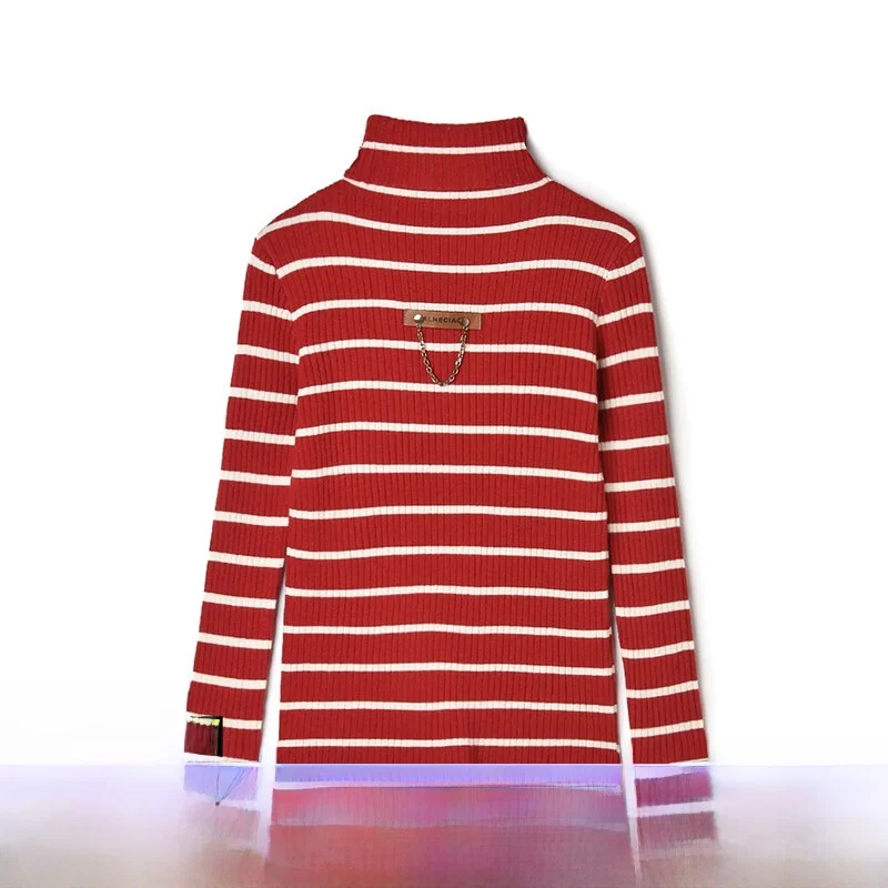 

Женский свитер-водолазка MO Series Зима 2025 с длинным рукавом, в полоску, с яркими деталями, трикотажный, модный, из аутлет-коллекции