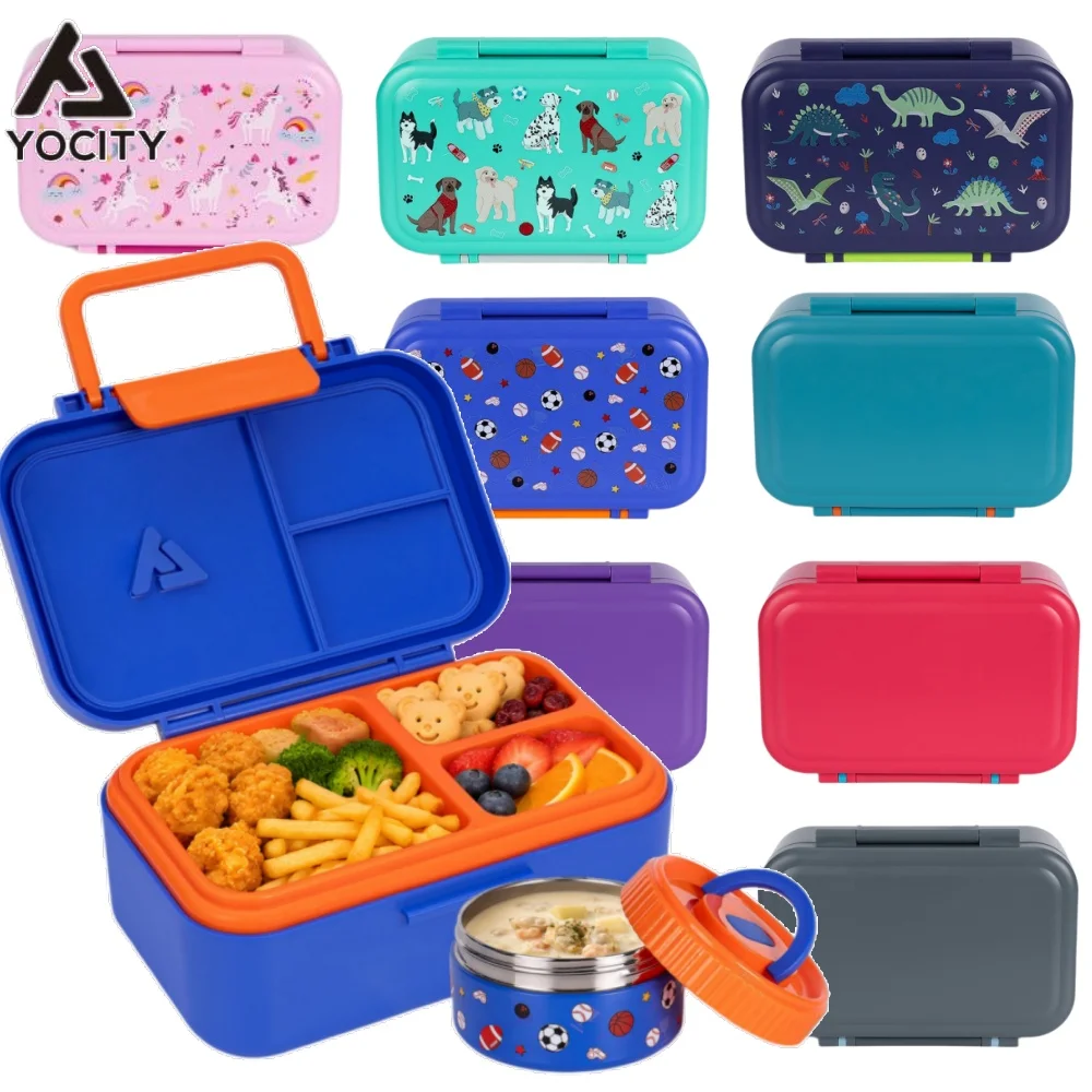 Bento Lunch Box for with 13oz Stainless Steel Insulated Vacuum Food Jar Leakproof Lunch Containers 3-Compartment Meal Prep Box