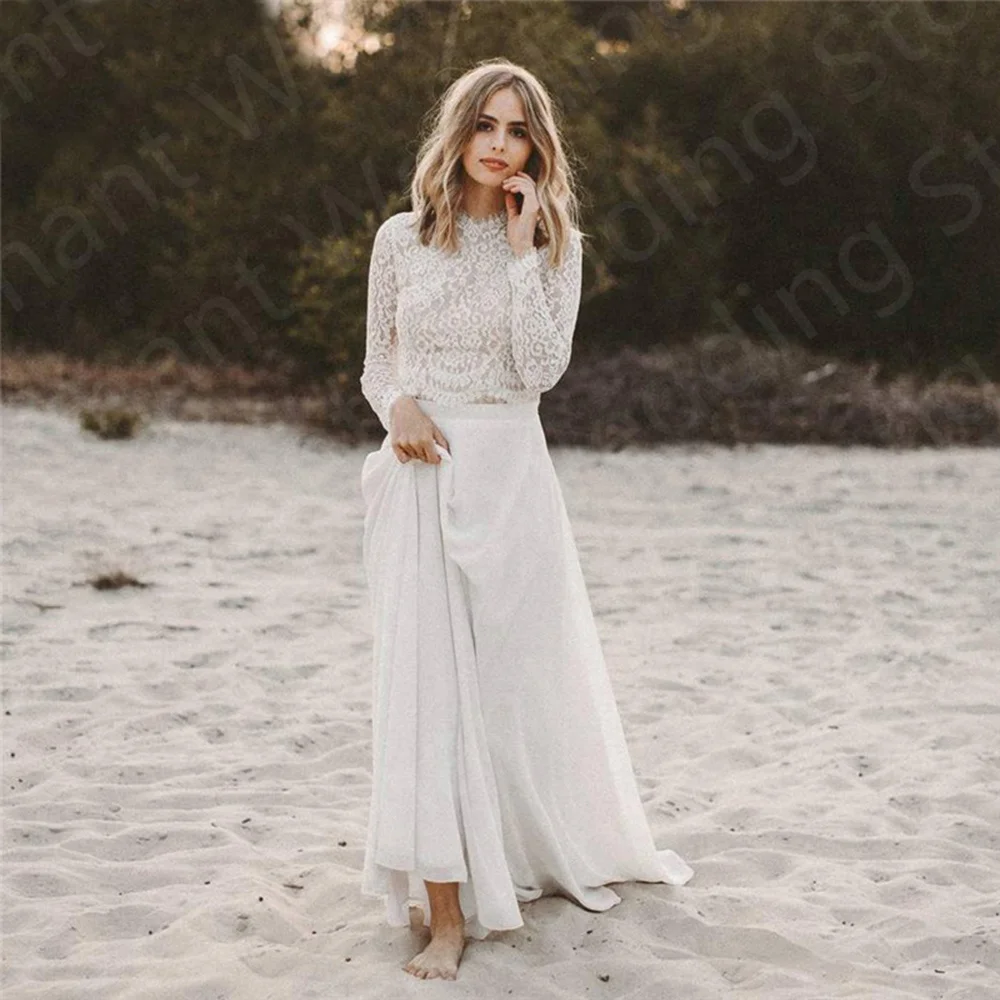 New Summer Beach Lace Wedding Dresses Long Sleeves Bridal Gowns Two Pieces Boho Vestido de novia White High Neck 2023 On Sale