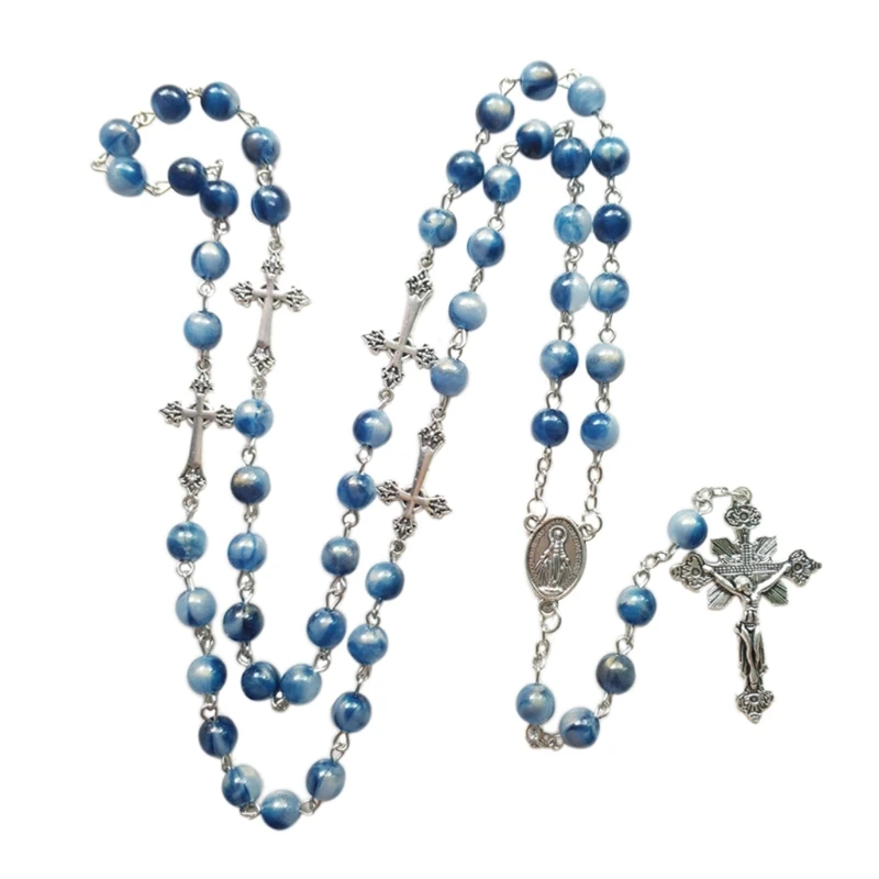 Blue Acrylic Rosary Necklace Long for Cross Pendant Catholic Christian Necklace Religious Jewelry for Men Women