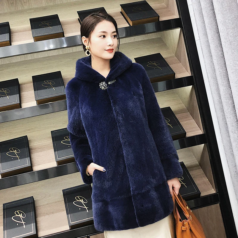 

with 2023 New Mink-style Parka cap mid-length Mink coat whole Mink