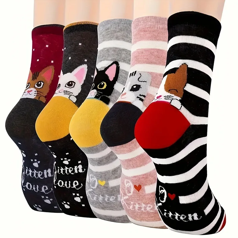 5 Pairs of Women's Crew Socks with Cat Patterns, Cute, Unique, Fun, Comfortable, Moisture-Wicking Casual Socks
