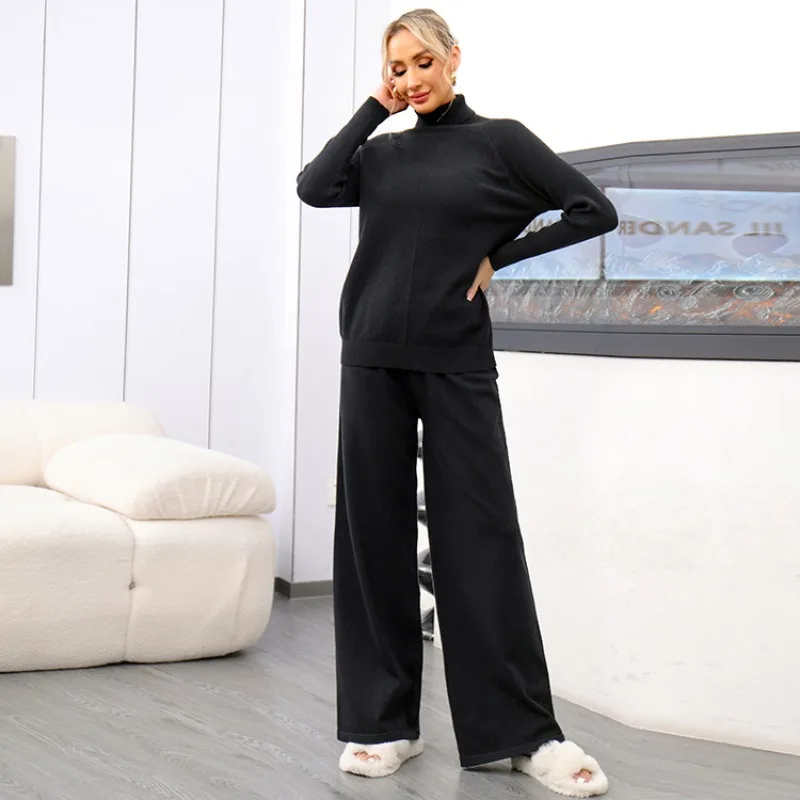 New Winter Warm Solid Color Knitted 2 Piece Sets Women Outfit Turtleneck Long Sleeve Pullover Sweater + Wide Leg Pants Tracksuit