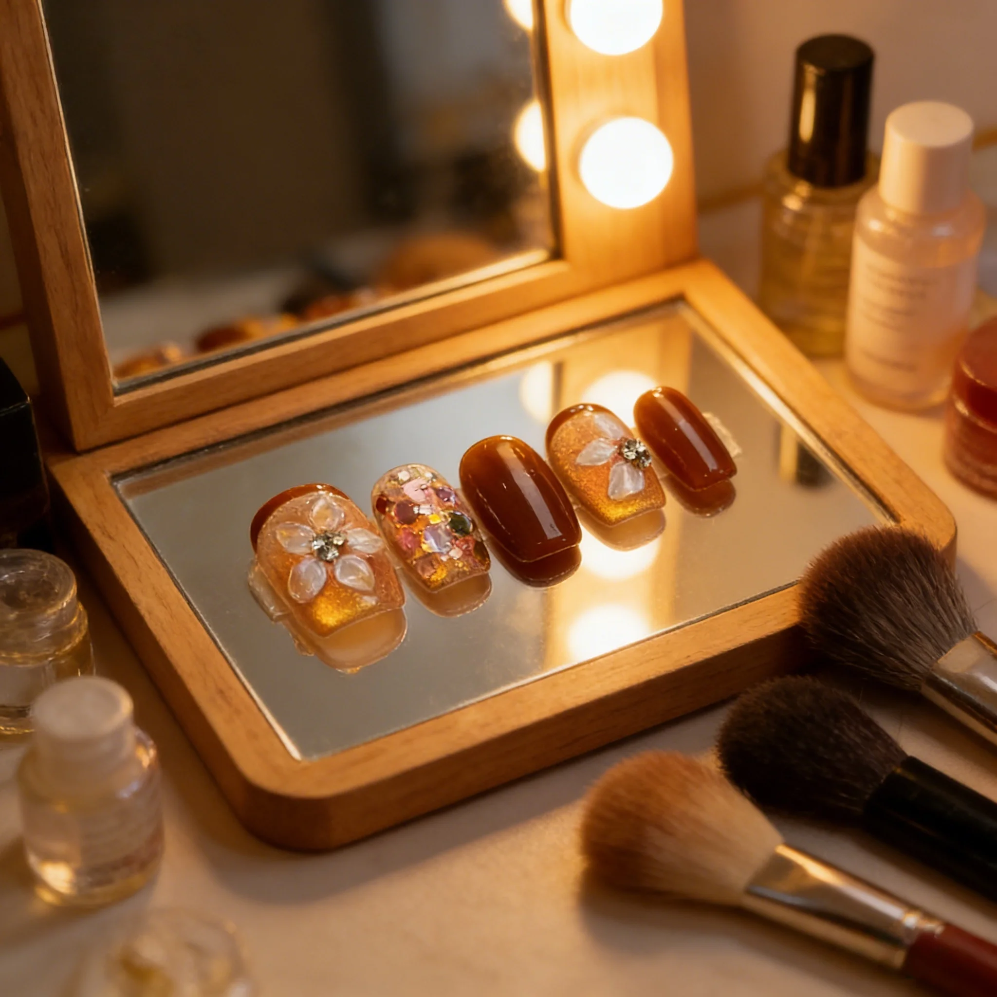 

10pcs Sweet Caramel Handmade Nails Sunflower Honey Color Press on Nail Short Fake Nail for Women&Girl Removable Wearable Nail