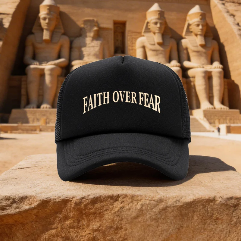 Unisex FAITH OVER FEAR Printed Mesh Baseball Cap, Duckbill Hat for Running, Walking, Camping - Multi-Color Available - Ideal Gif