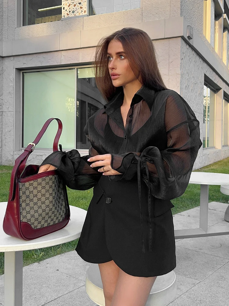 Mumaroho 2024 Spring Summer Women Elegant Long Sleeve Solid Black Mesh Shirt Ladies Sheer Chiffon Blouse For Woman Female