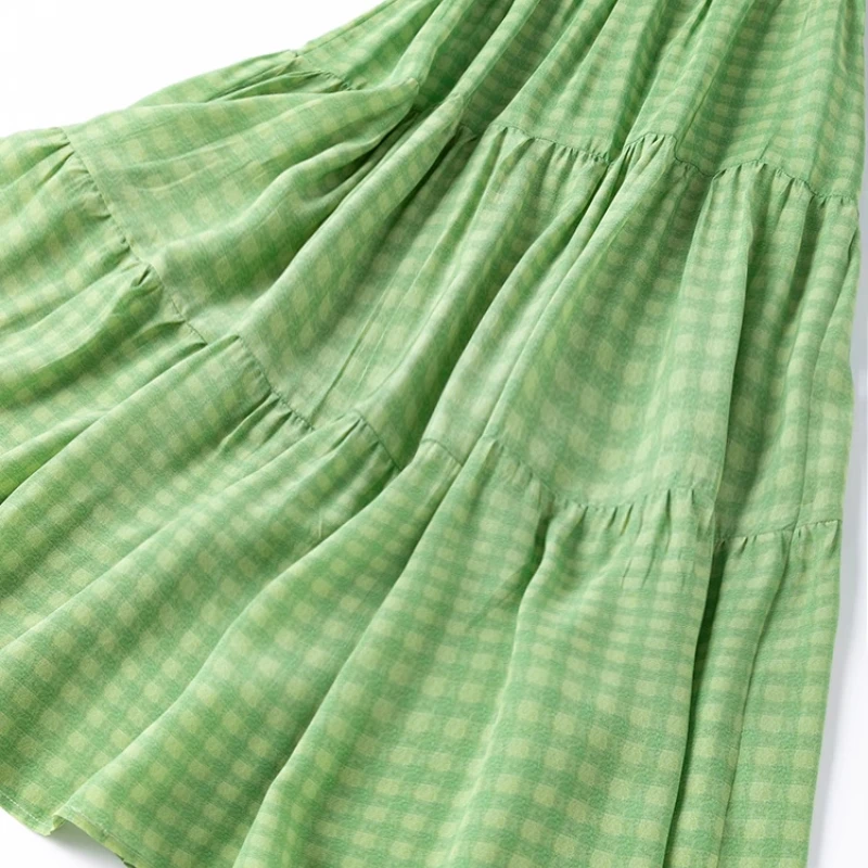 Birdtree 100% vestido de seda feminino, decote em o solto duplo crepe sem mangas grade em camadas vestidos maxi verdes, verão 2025 d55610jf