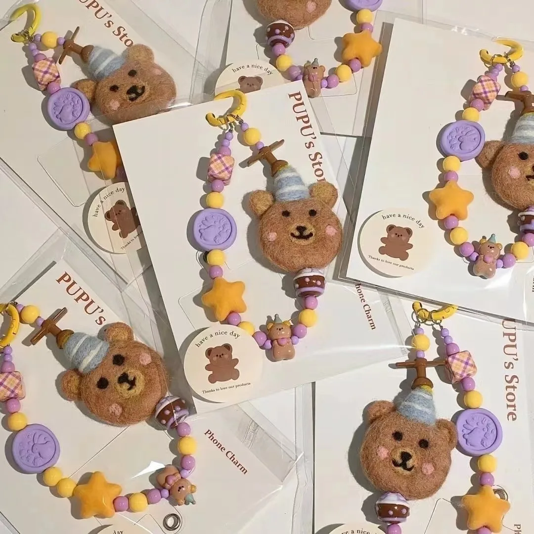 

Фетровая шапка для сна с медведем, подвески для телефона, кулон, браслет-цепочка, короткий ремешок с зажимом, анти-потерянный ремешок для телефона, брелок, орнамент