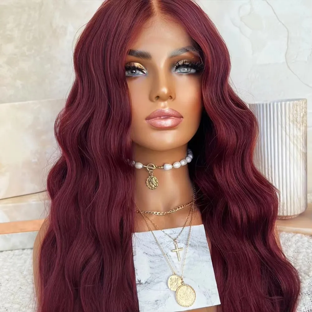 Parrucca anteriore in pizzo sintetico per capelli Parrucche in pizzo a onde profonde sciolte rosso bordeaux per le donne Capelli da festa cosplay senza colla in fibra resistente al calore