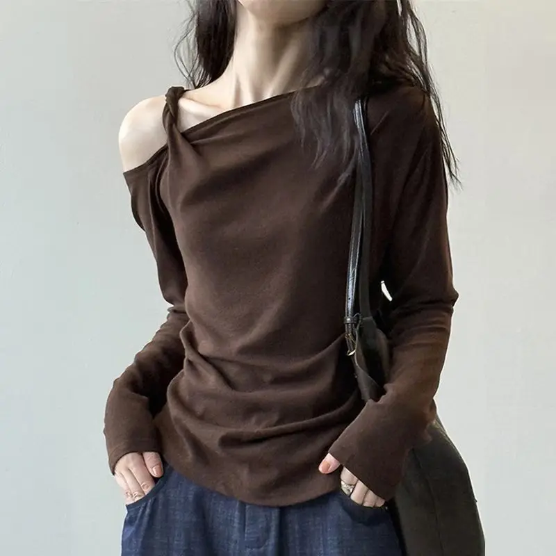 Women's Asymmetrical Off Shoulder Twist Long Sleeve Top Elegant 2026 Style Casual Tee Chic Shoulder Reveal Blouse For Ladies