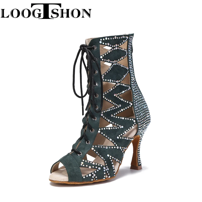 Loogtshon salsa dance shoes woman Latin  dance shoes black shoes for women Long Boots Hollow Diamond Shoes Black Dance Heel High