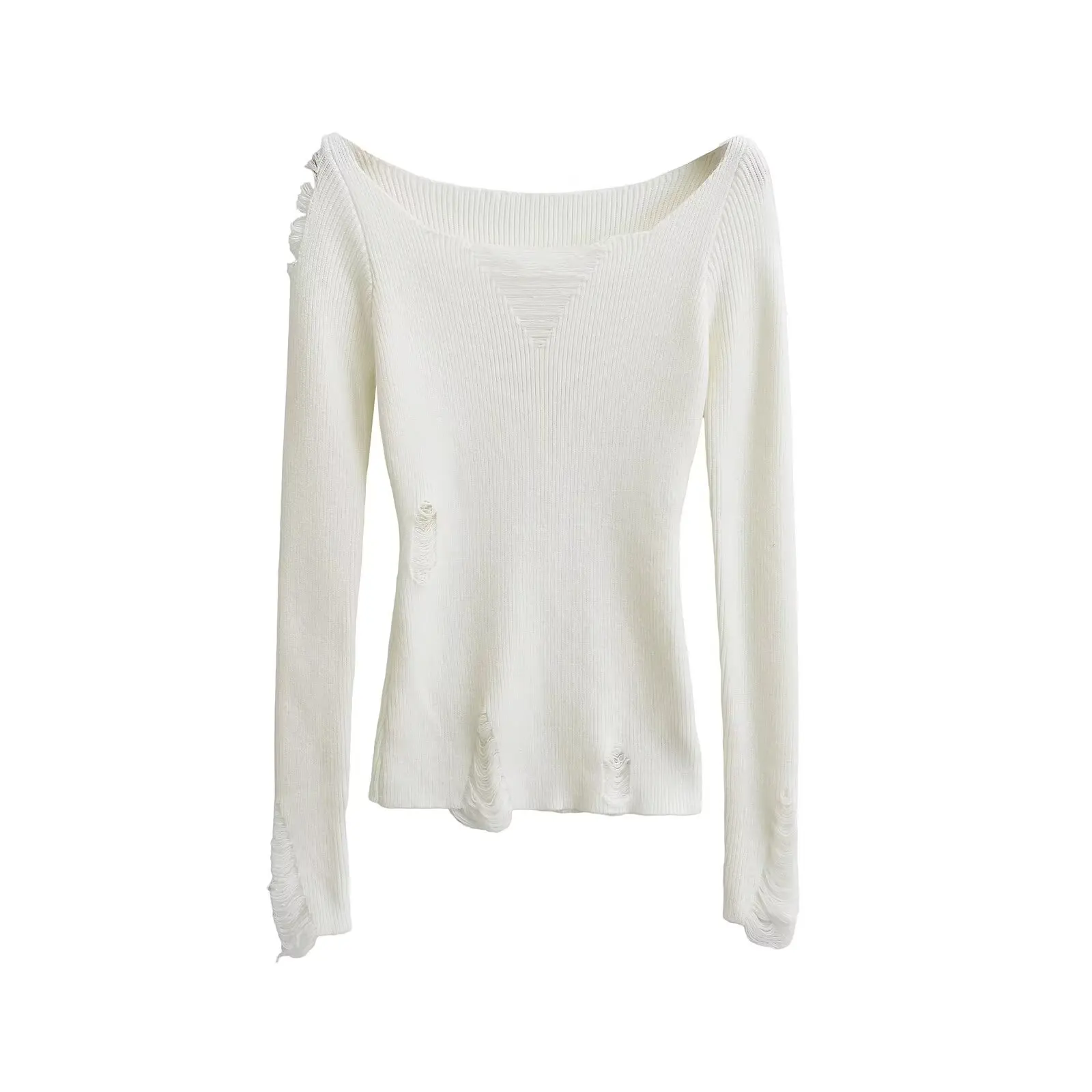 2024 Sexy Women Slash Shoulder Hole Sweater Hollow out Asymmetric Hem Knitted Pullovers Knitwear White Black